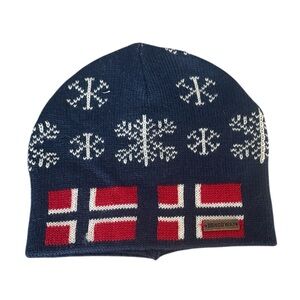 Norway Navy Blue Wool Blend Knit Beanie with Snowflake Design